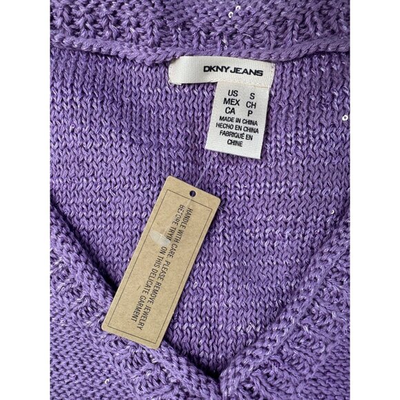 DKNY Jeans Women’s L Purple V-Neck Sequin Knit Sweater 3/4 Sleeves Light Comfort - Picture 6 of 9